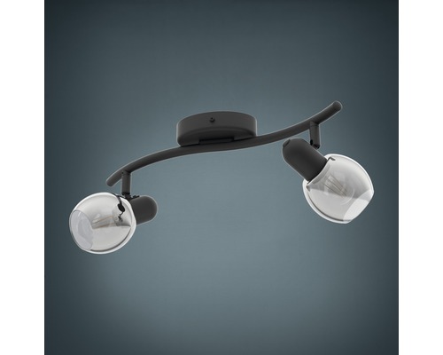 Taklampa med två spotlights och klara glasskärmar