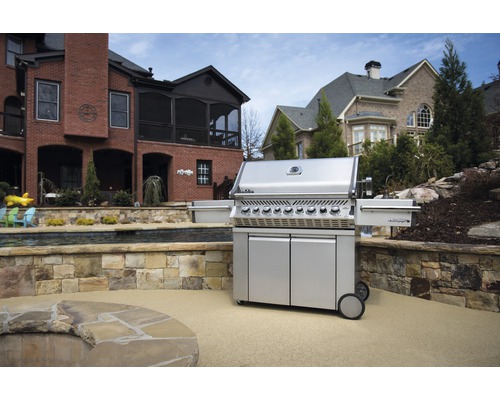 Napoleon grill i trädgården till ett hus.