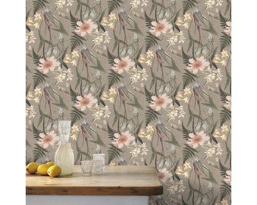 Tapet med blommönster och fågelmotiv