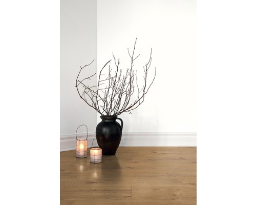 Dekorativa grenar i en vas, bredvid två lyktor på ett laminatgolv.