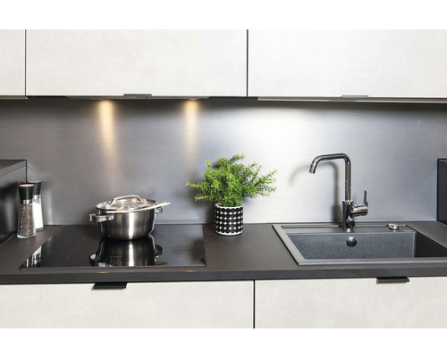 Modernt kök med diskho, spishäll, kastrull och växt