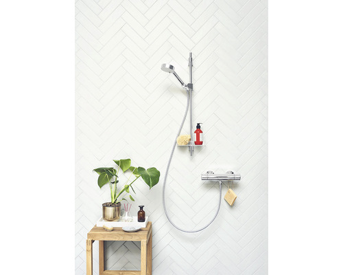 Duscharmatur med handdusch, hylla och termostat i ett badrum med växter