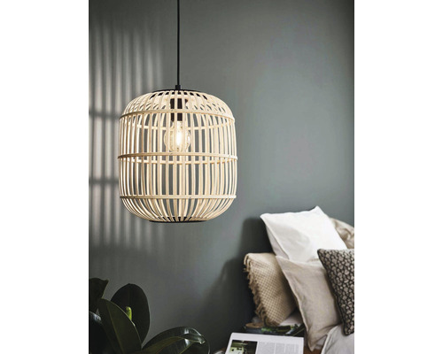 Taklampa EGLO Bordesley Ø35cm natur/svart Hängande trälampa med lamphållare i vardagsrum
