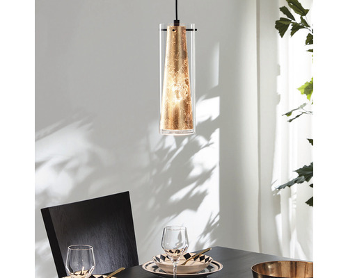 Taklampa EGLO Pinto 1L klarglas/guld Pendellampa i glas ovanför ett matbord