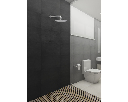 Modernt badrum med dusch, toalett och trägaller