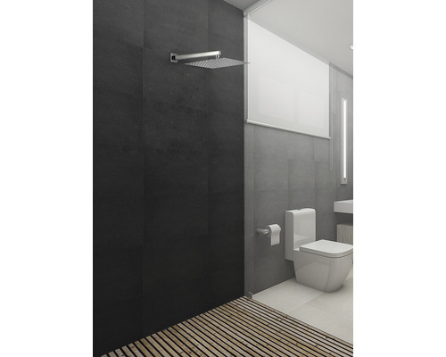 Modernt badrum med dusch, toalett och trägolv