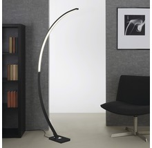 Golvlampa med båge i vardagsrum med bokhylla och stol