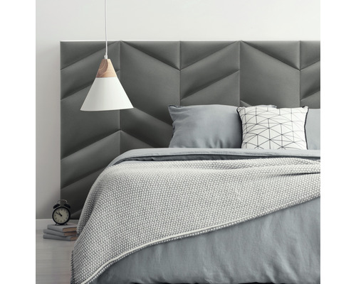 Textilpanel Riviera triangel mörkgrå 30x15cm Sovrum med vadderad sänggavel, säng och hängande lampa för en lugn atmosfär