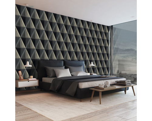 Modernt sovrum med tredimensionell tapet, säng och sängbord.