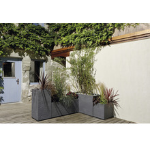 Tre grå krukor i stengods med plantering utomhus.