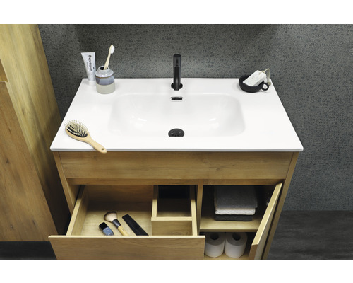 Tvättställsskåp i trä med öppen låda och handfat