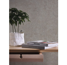 Rum med växt, böcker och trämöbler framför en tapet