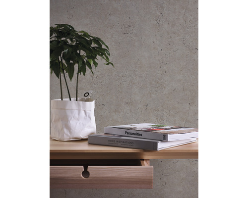 Rum med växt, böcker och trämöbler framför en tapet