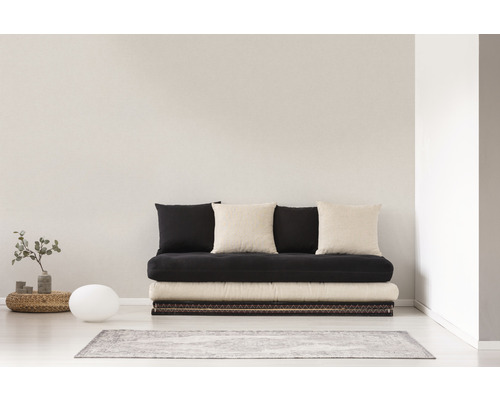 Vardagsrum med futonbädd, kuddar och dekoration