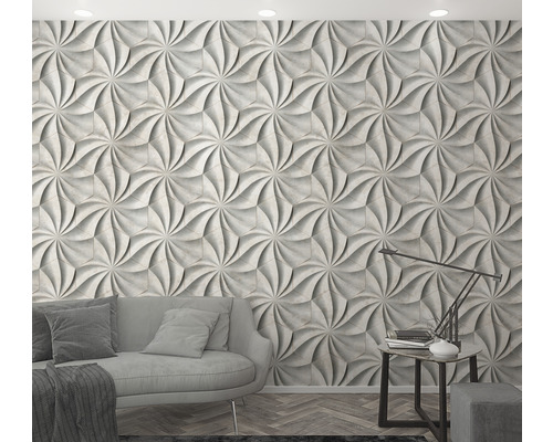 Vardagsrum med tredimensionella väggpaneler, soffa och sidobord