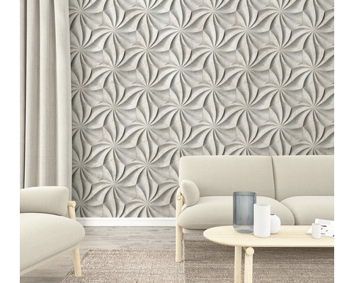 Vardagsrum med tredimensionella väggpaneler, soffa och bord