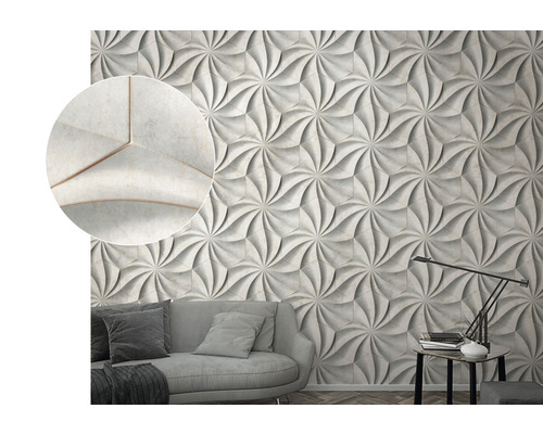 Vardagsrum med tredimensionella väggpaneler med blomstermönster