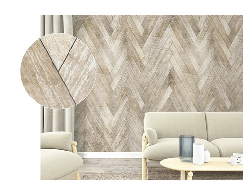 Vardagsrum med väggpaneler i fiskbensmönster