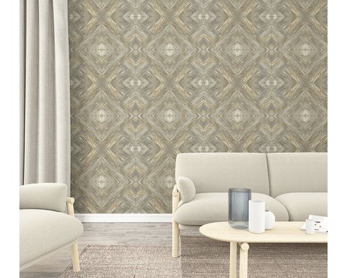 Vardagsrum med mönstrad non-woven tapet i träutseende