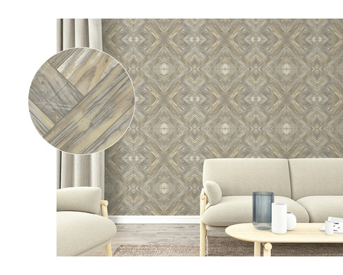 Vardagsrum med mönstrad tapet i trälook