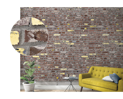 Vardagsrum med en vägg i tegelstenslook som dekoration