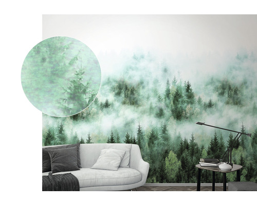 Fototapet med skogsmotiv och dimma bakom en soffa