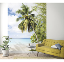 Fototapet med strandmotiv, inklusive palm och soffa i vardagsrummet