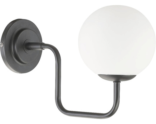 Vägglampa med rund, vit glasskärm och svart metallram