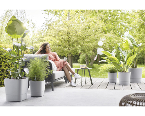 Terrass med kvinna, sittmöbler, bord och olika växter i blomkrukor