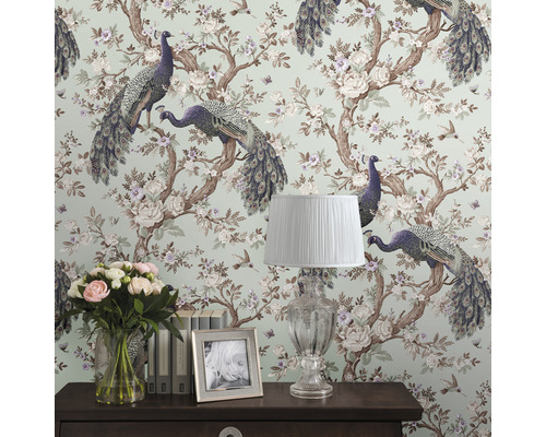 Tapet med påfåglar, blommor och fåglar