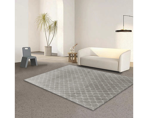 Interiör med soffa, stol, krukväxt och mönstrad matta