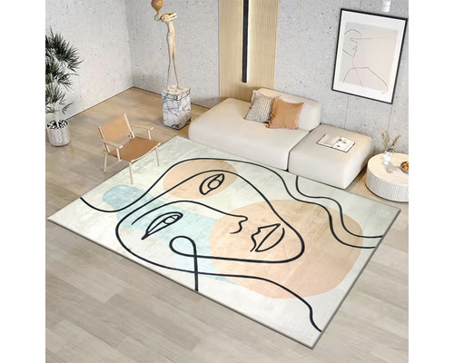 Modernt vardagsrum med soffa, stol och en matta med abstrakta ansiktslinjer.