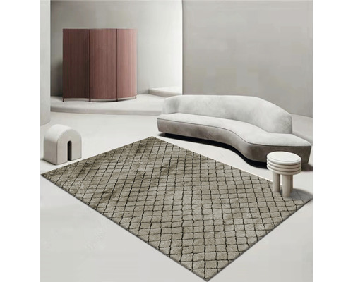 Beige mönstrat matta i ett ljust rum med soffa och möbler