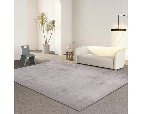 Ljust rum med matta, soffa, stol och krukväxt