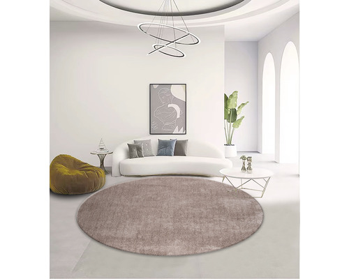 Vardagsrum med rund matta, soffa och dekoration
