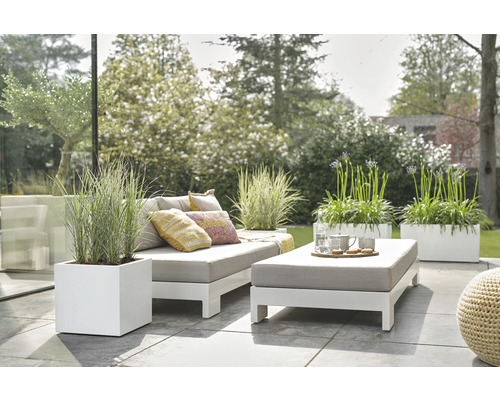 Utomhusscen med soffa, kuddar, bord, porslin och växter i planteringskärl