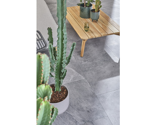 Grå golvplattor med bord och växter