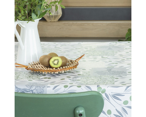 Bordsdekoration med olivmönster, korg med kiwifrukter och kanna med växter