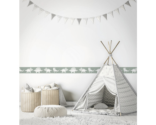 Barnrum med dinosaurie-bård, lektält och dekorationer