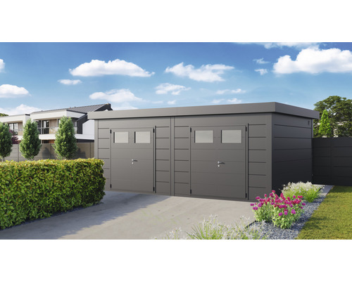 Redskapsbod TELLURIA Classico Duo 6436 2 dubbeldörrar 672x388cm granitgrå Dubbelgarage med två sektionsportar och fönster i modern design.