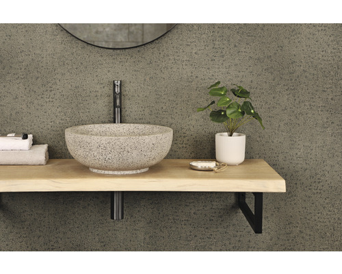 Badrumsbänk med tvättställ, blandare, hylla och dekoration