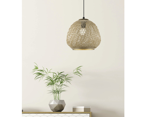 Taklampa EGLO E27 natur/svart Hänglampa med flätad lampskärm ovanför en krukväxt