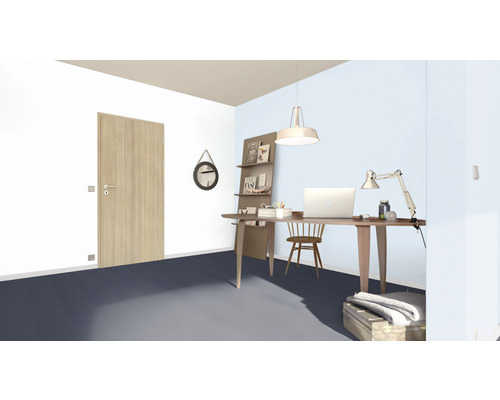Arbetsrum med skrivbord, stol, lampa och dörr