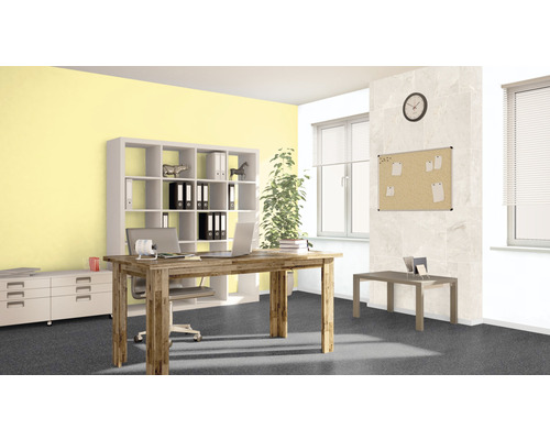 Ljust kontor med skrivbord, hyllor och kontorsmaterial