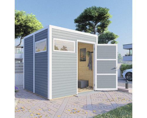 Trädgårdsskjul med fönster och öppen dörr