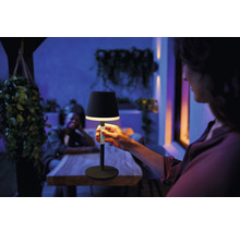 Person som håller en svart bordslampa utomhus.