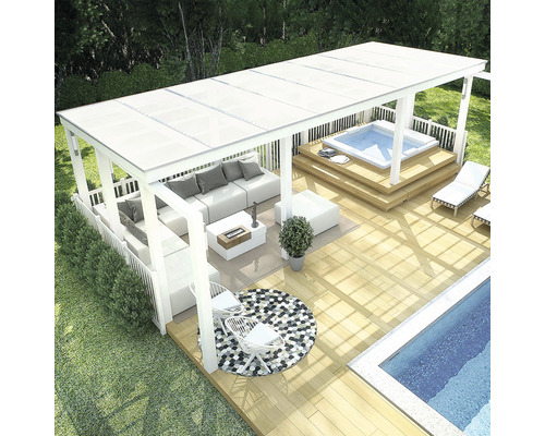 Översikt över en trädgård med pool, terrass, bubbelpool och terrasstak