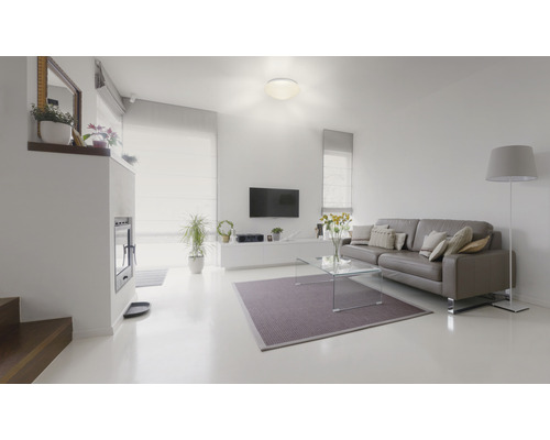 Ljust vardagsrum med soffa, soffbord i glas, matta och TV