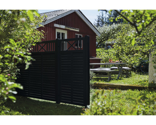 Trädgårdsutsikt med stängt staket och trädgårdsbordset