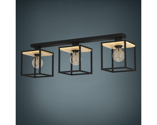 Taklampa med tre lampor, trä och metall